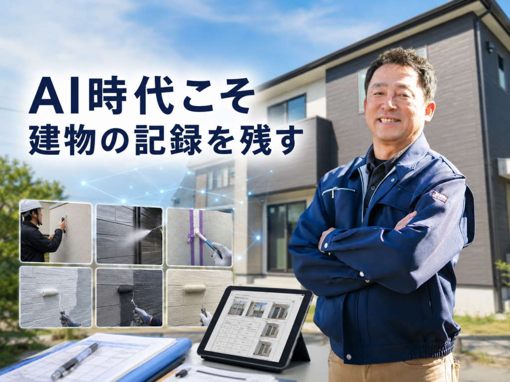 施工写真と工事報告書を確認する、AI時代の建物記録をテーマにしたアイキャッチ画像