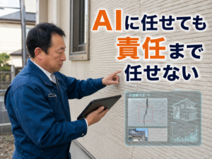 住まいるペイント代表の堺俊之が、AIの情報と現場を照合し、外装リフォームの最終判断を行うイメージ