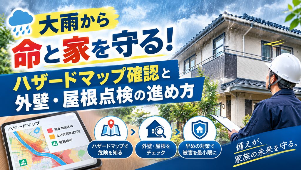大雨の前にハザードマップを広げて避難経路を確認する家族と、家の外壁を点検する作業員のイメージ画像