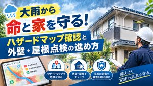 大雨の前にハザードマップを広げて避難経路を確認する家族と、家の外壁を点検する作業員のイメージ画像