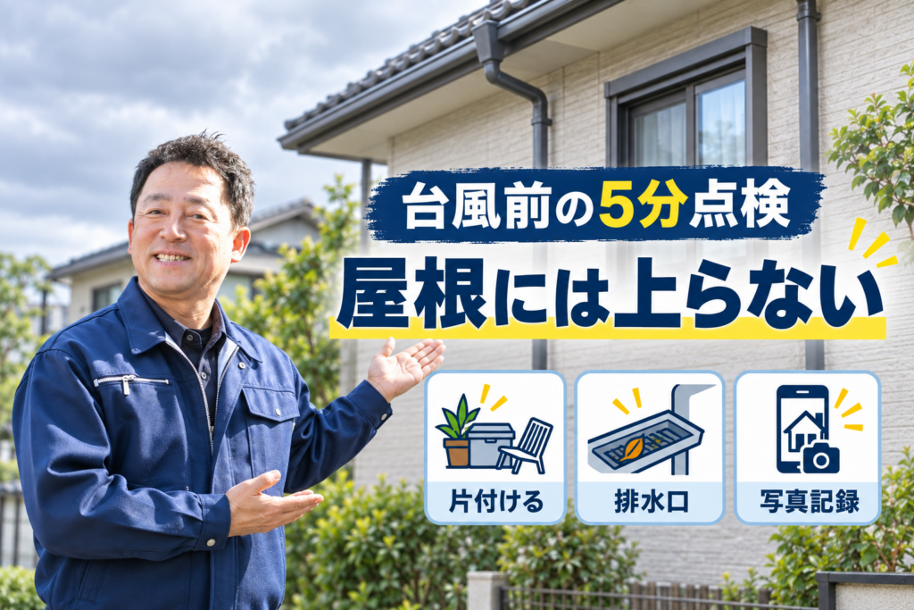 台風前に屋根へ上らず、地上から住宅を安全に点検する方法を説明する堺俊之