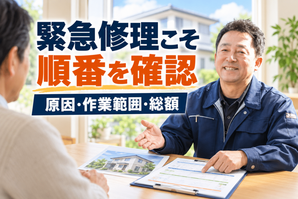住まいの緊急修理について、原因・作業範囲・総額を見積書で説明する住まいるペイント代表の堺俊之