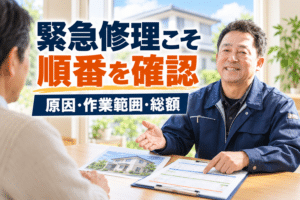住まいの緊急修理について、原因・作業範囲・総額を見積書で説明する住まいるペイント代表の堺俊之