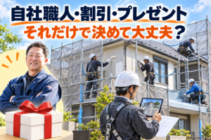 外壁塗装会社の自社職人・割引・プレゼントについて問いかける堺社長と、複数の専門職を管理する現場監督