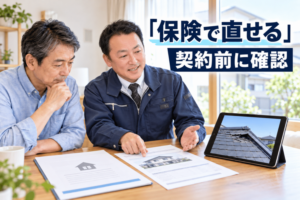 屋根の損傷写真、保険証券、修理見積書を並べて確認する住宅所有者